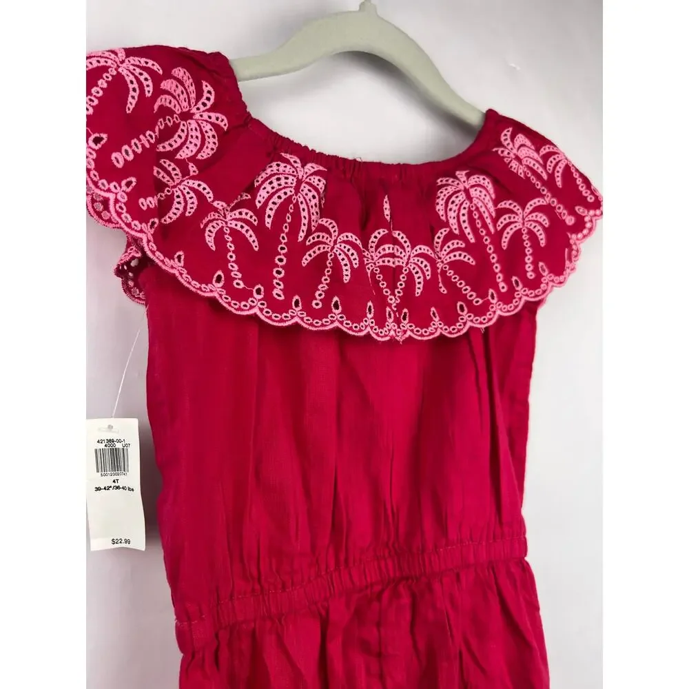 Old Navy Pink Embroidered Palm Ruffle Romper Girls 4T Cotton Summer Playwear